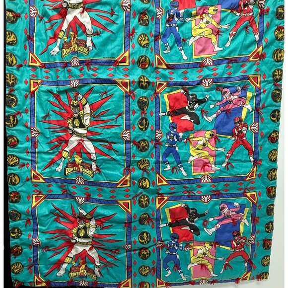 Vintage 1989 Power Rangers 82” x 41” Hand Made Tied Quilt Red Blue Twin Coverlet - Picture 4 of 11